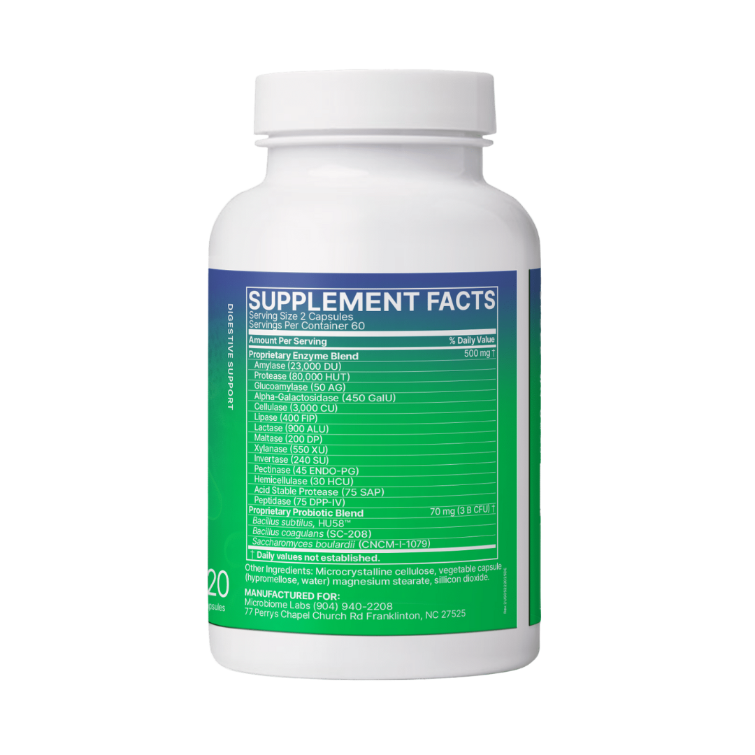 Supplement bottle with a green label on a white background