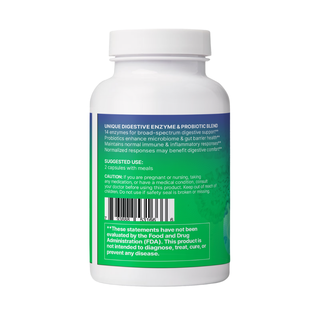 Bottle of digestive enzyme and probiotic supplement with label on a white background