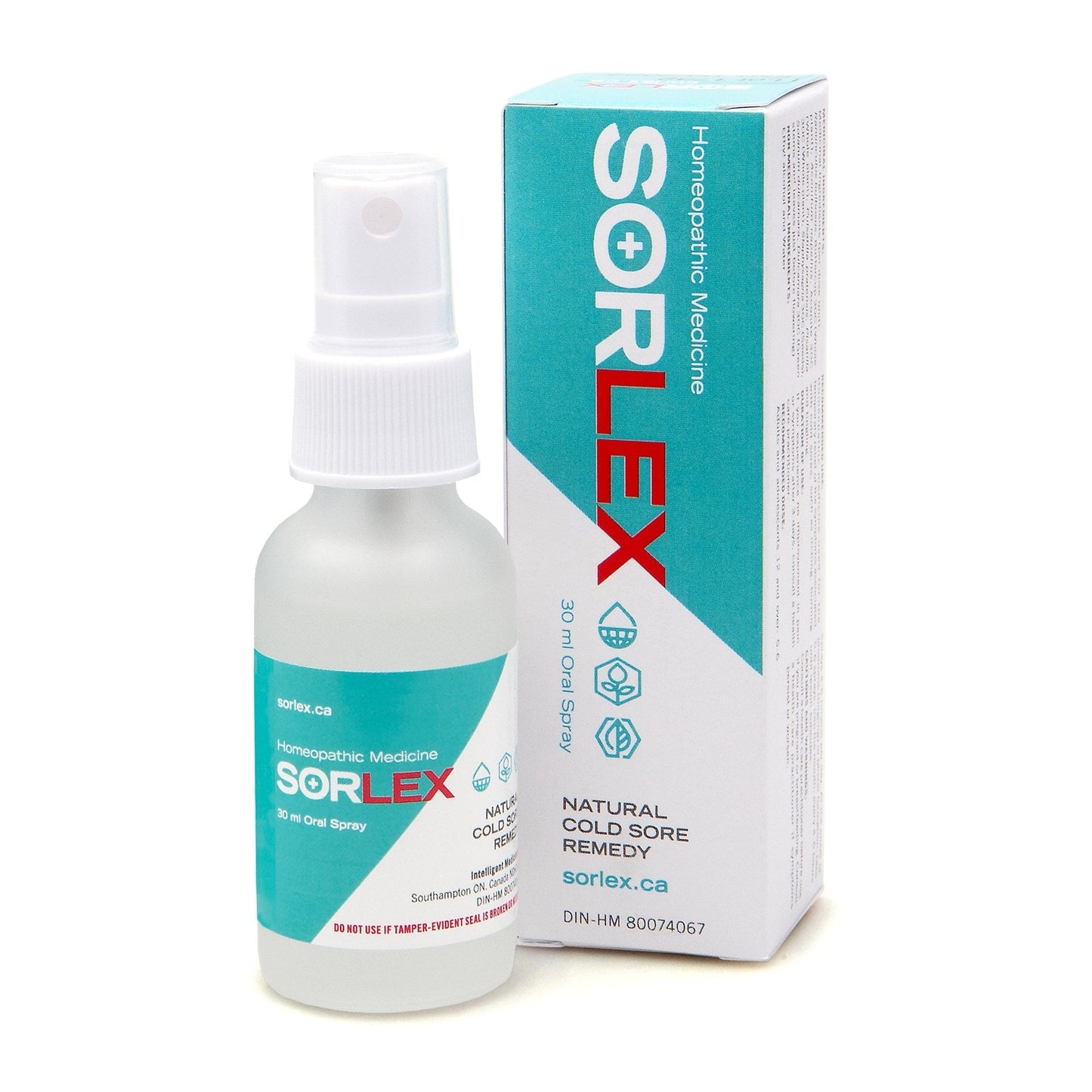 A product image showing Sorlex Oral Spray in a white spray bottle with a blue and white label, alongside its packaging box which has the brand name and product information.