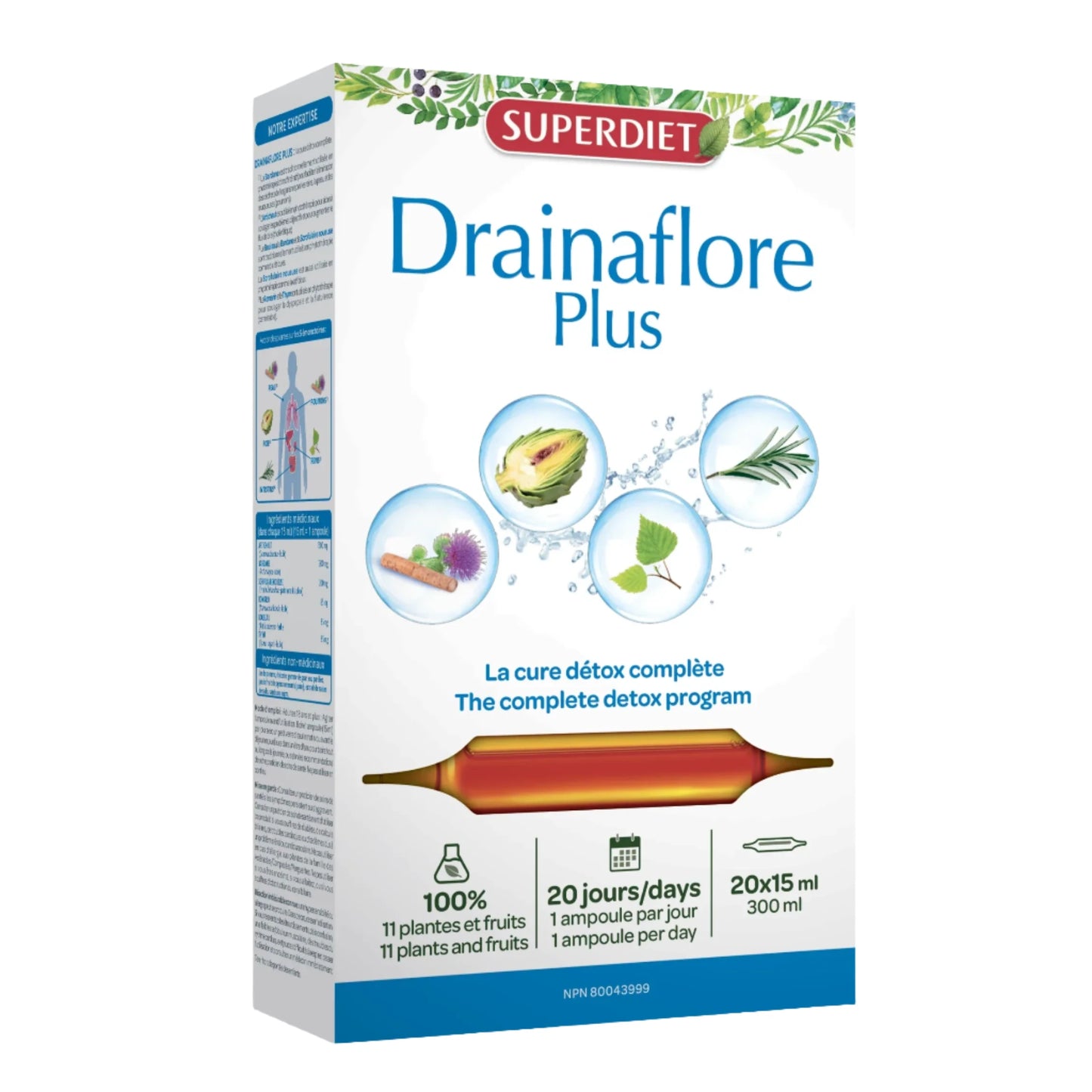Box of Superdiet Drainaflore Plus, a herbal dietary supplement with 20 ampoules, detailing various plant extracts and benefits for detoxification.