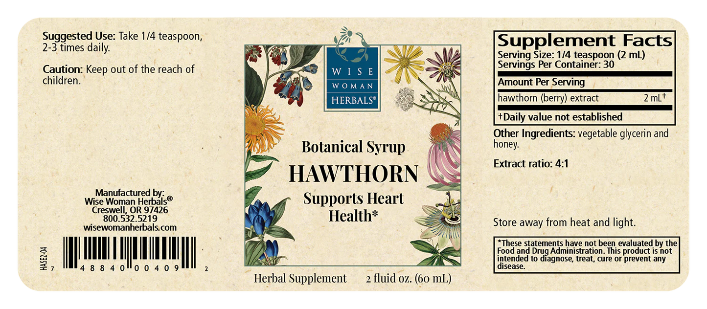 Label of Hawthorn botanical syrup supplement with herbal design and text.