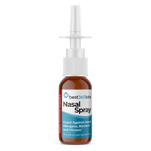A nasal spray bottle with a white label displaying the brand 'Best 365 Labs' and the product name 'Nasal Spray'. The bottle is clear with a white pump and the liquid inside appears to be clear or slightly tinted.