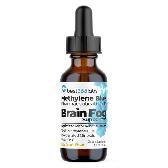 A bottle of Best365Labs Brain Fog Support supplement with Methylene Blue, Vitamin C, and mineral oxides as ingredients.