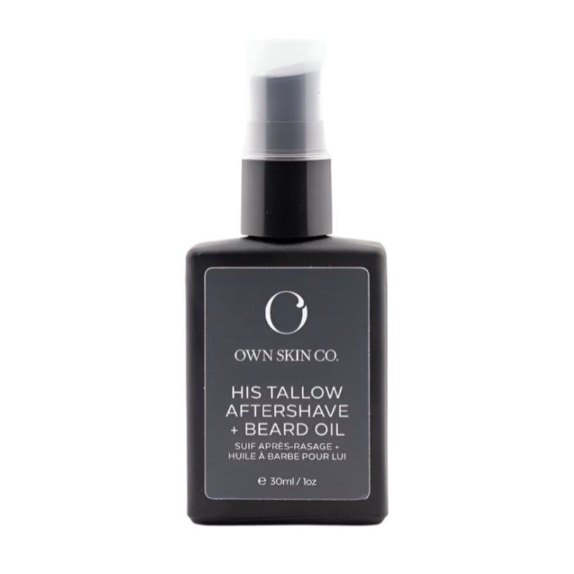 Black bottle of 'His Tallow Aftershave + Beard Oil' by Own Skin Co. on a white background
