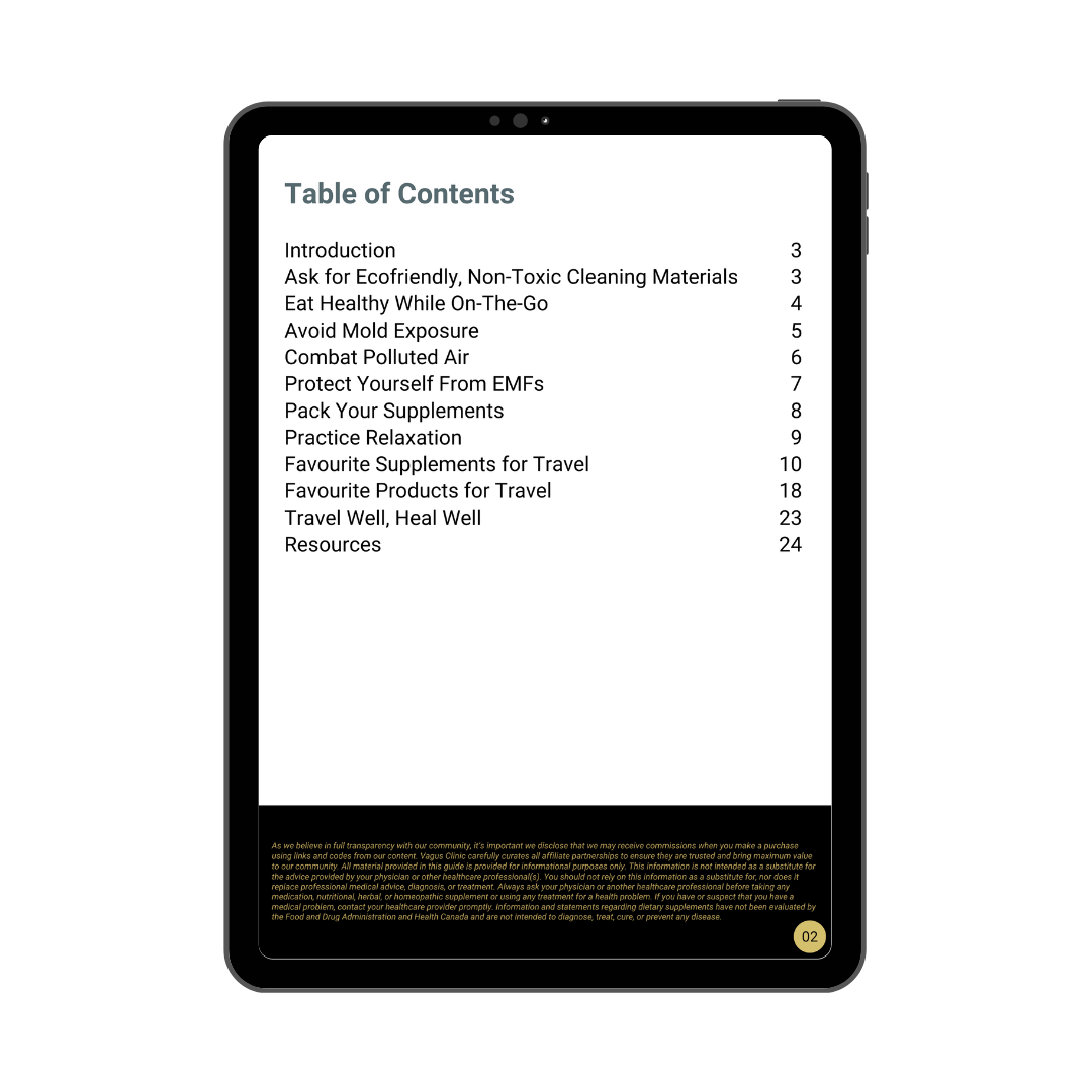 Tablet displaying a digital book with a table of contents on a white background