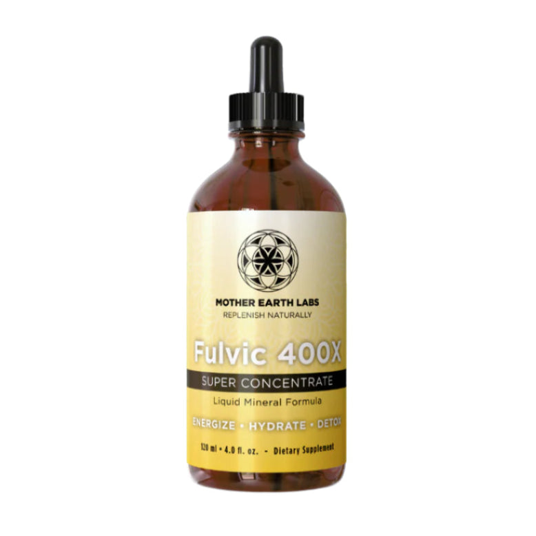 Bottle of Fulvic 400X supplement from Mother Earth Labs on a white background