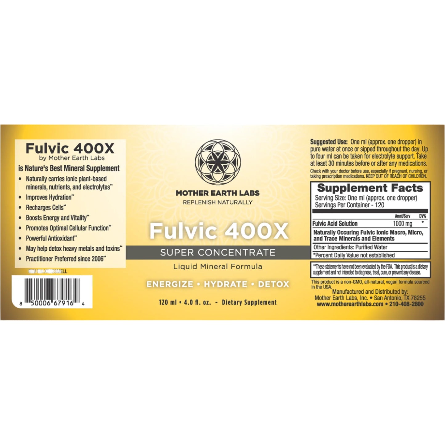 Label of Fulvic 400X supplement by Mother Earth Labs on a white background