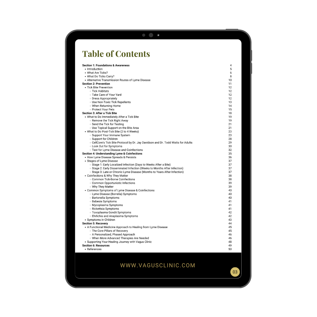 A black tablet device displaying a printed-style table of contents page with green and black text on a white background. The tablet is centered on a plain white background, and the screen content is legible enough to show the document layout.