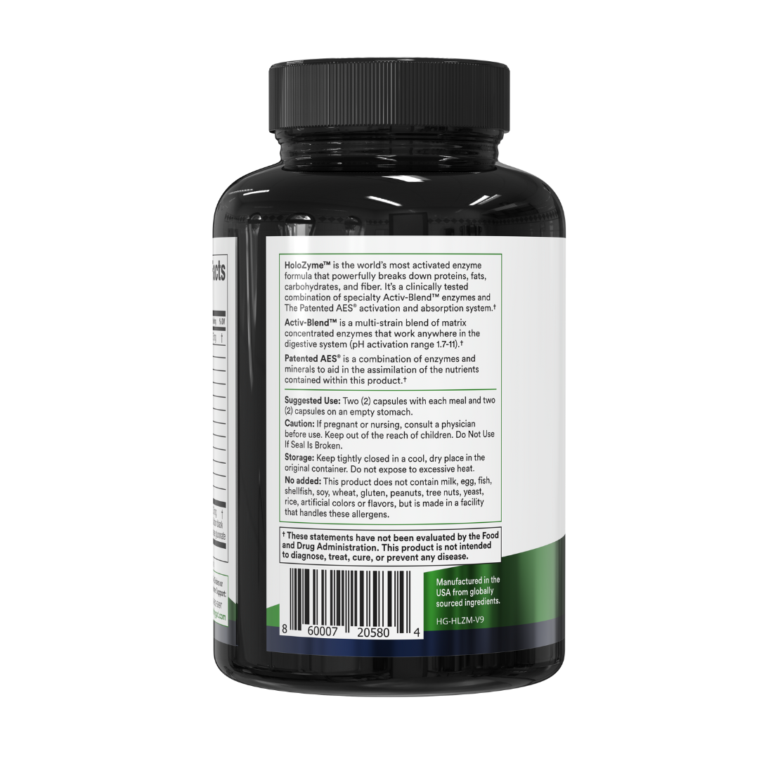 Black supplement bottle with a white label on a white background