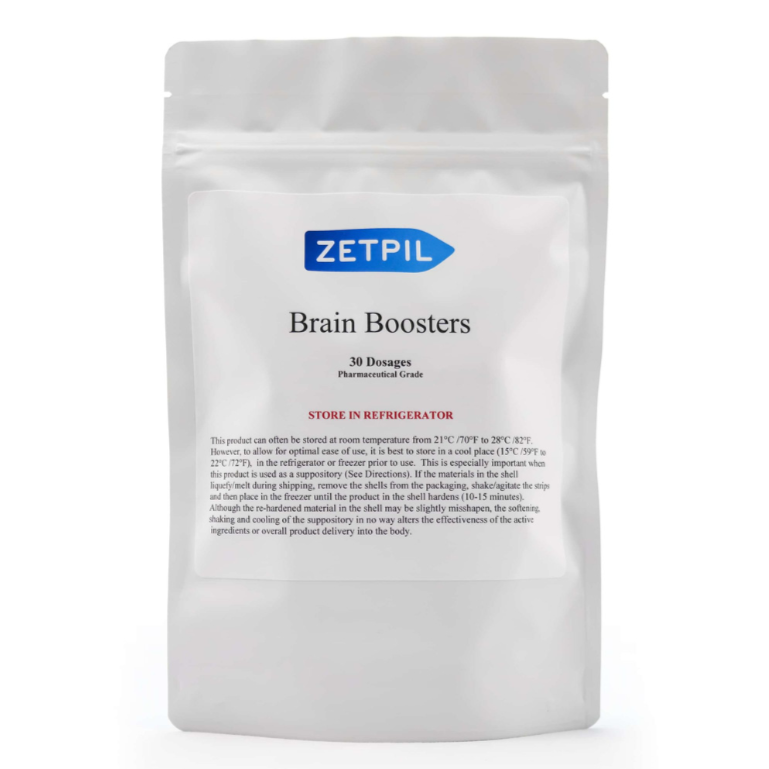 A sealed white pouch labeled 'Zetpil Brain Boosters' containing 30 suppositories for brain health support.