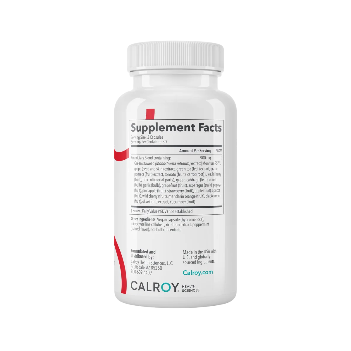 A white plastic bottle of Calroy Health Sciences dietary supplement capsules, showing the Supplement Facts label on a clean white background.