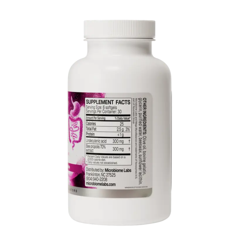 A white plastic bottle of Microstone Labs with a white cap, showing the supplement facts label on a plain white background.