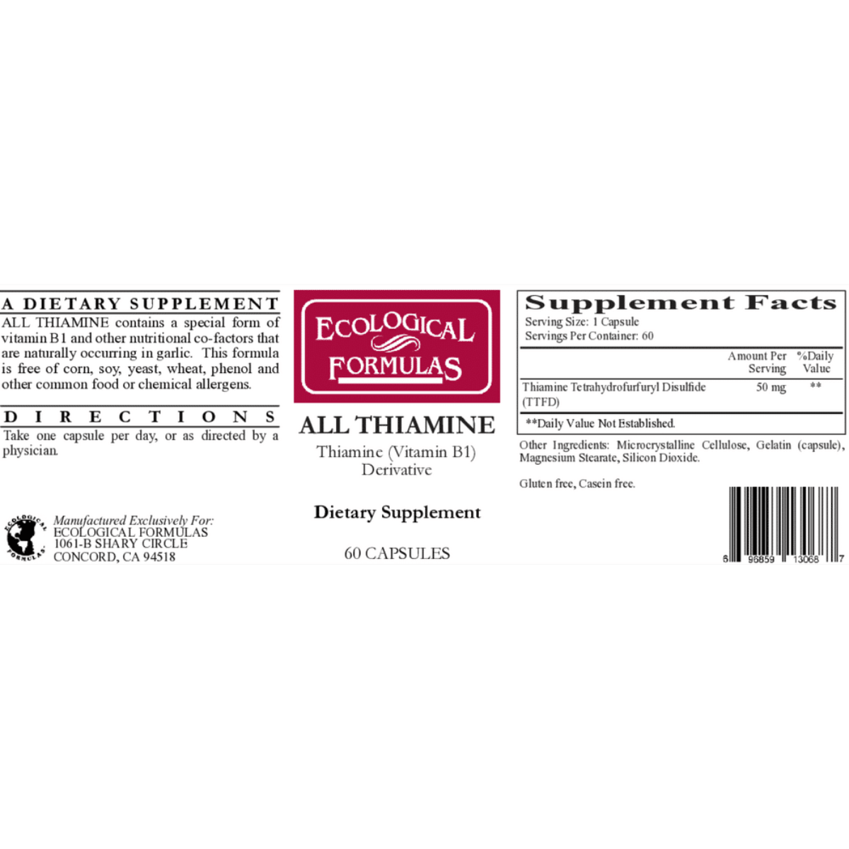 A supplement label for Ecological Formulas All Thiamine (Vitamin B1) Derivative, showing product details, directions, supplement facts, and a barcode on a white background.