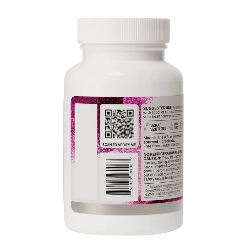 A white plastic supplement bottle shown from the back, featuring a white cap and a label with a pink glitter border, a QR code, and black text on a white background.
