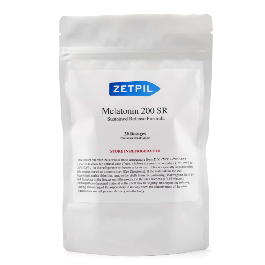 Packaging of Zetpil Melatonin 200mg SR, showing a white suppository bag with product information and branding.