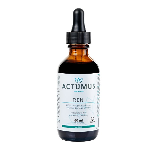 Bottle of Actumus REN, a herbal dietary supplement, with a label indicating 60 ml volume and an image of a herb.