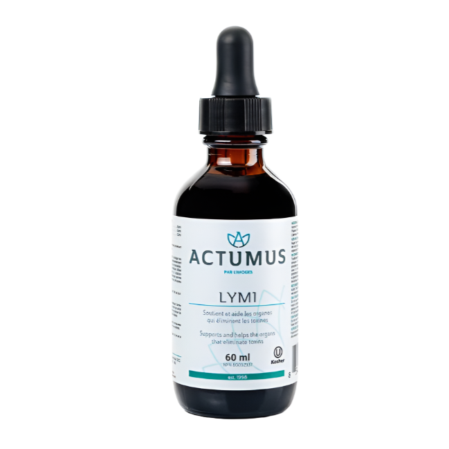 A bottle of Actumus LYM 60 ml, with a label indicating it is a herbal product for lymphatic support.