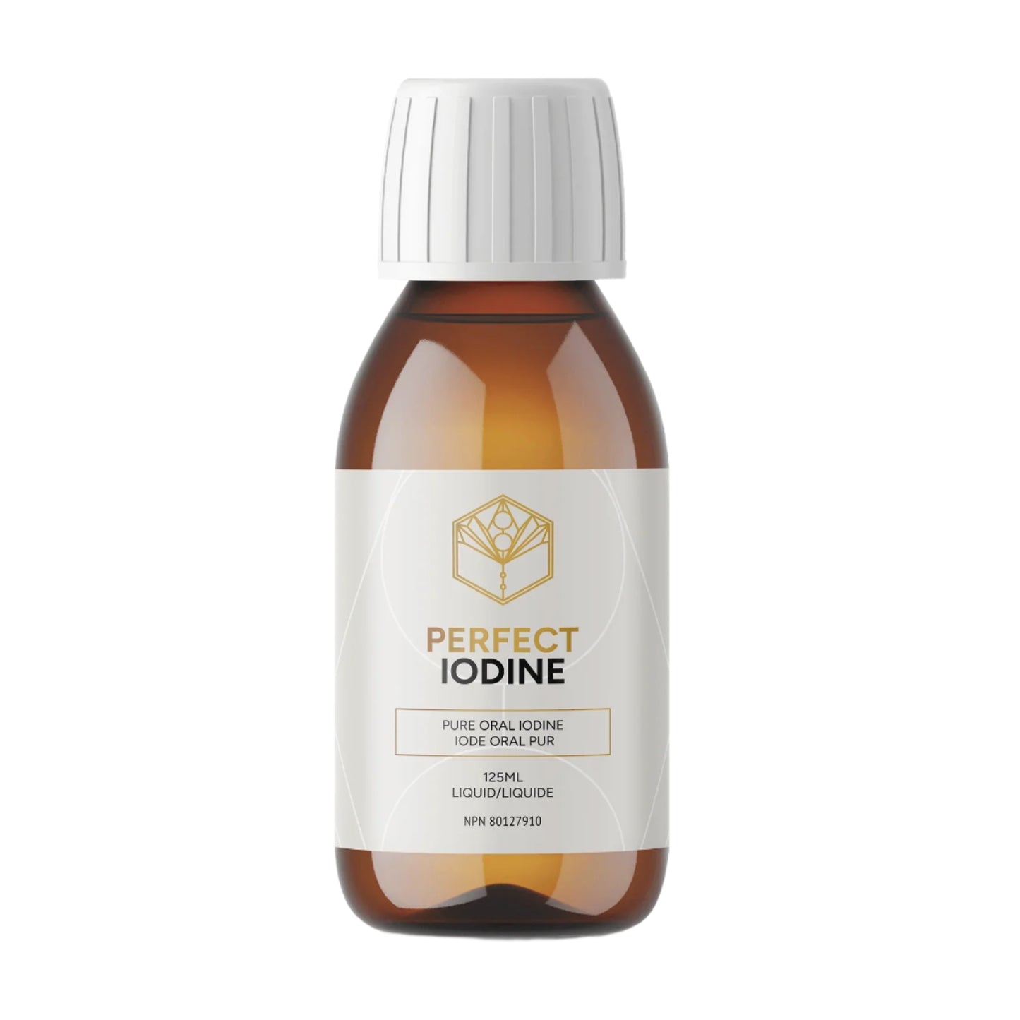 A bottle of Perfect Iodine by Activation with a white label, brown liquid, and a white cap.