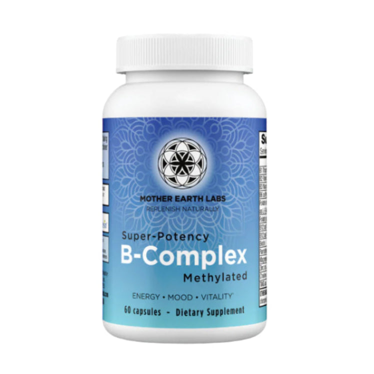 Supplement bottle labeled 'Super-Potency B-Complex Methylated' by Mother Earth Labs on a white background