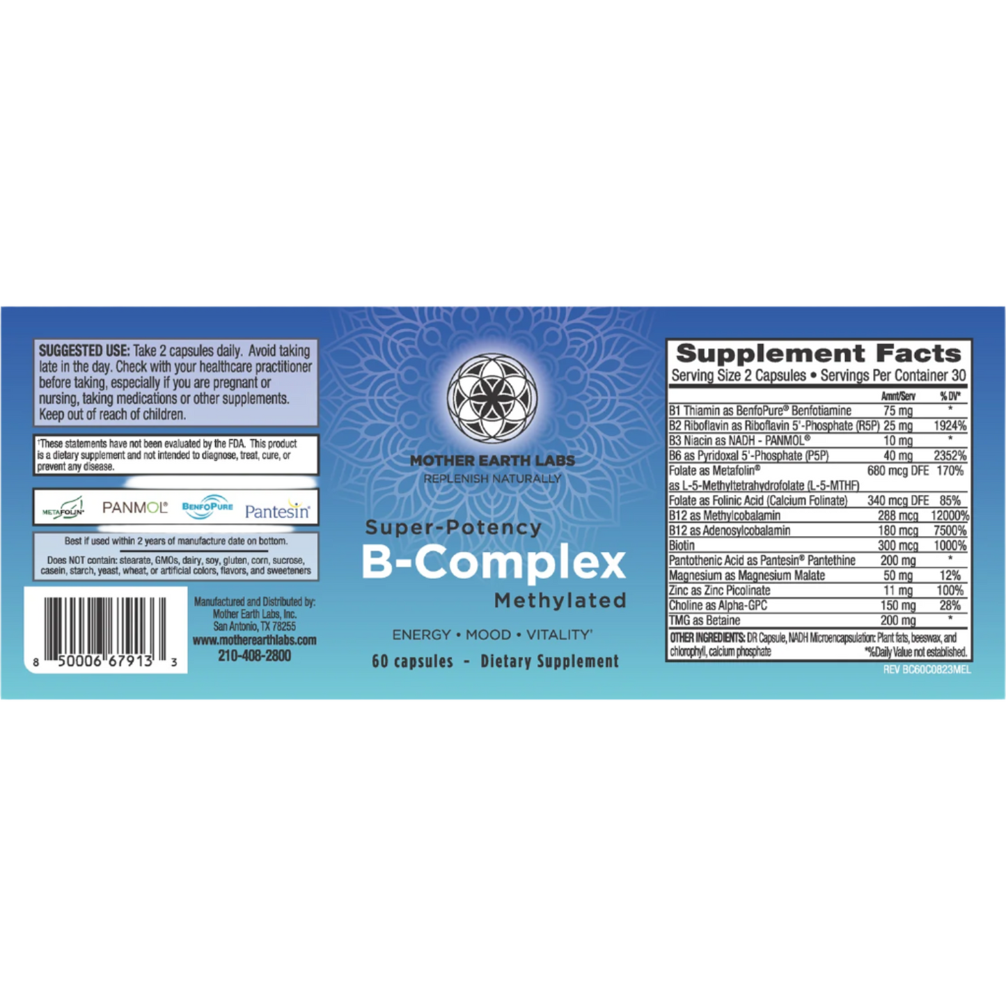 Supplement label for Super-Potency B-Complex Methylated by Mother Earth Labs on a white background.