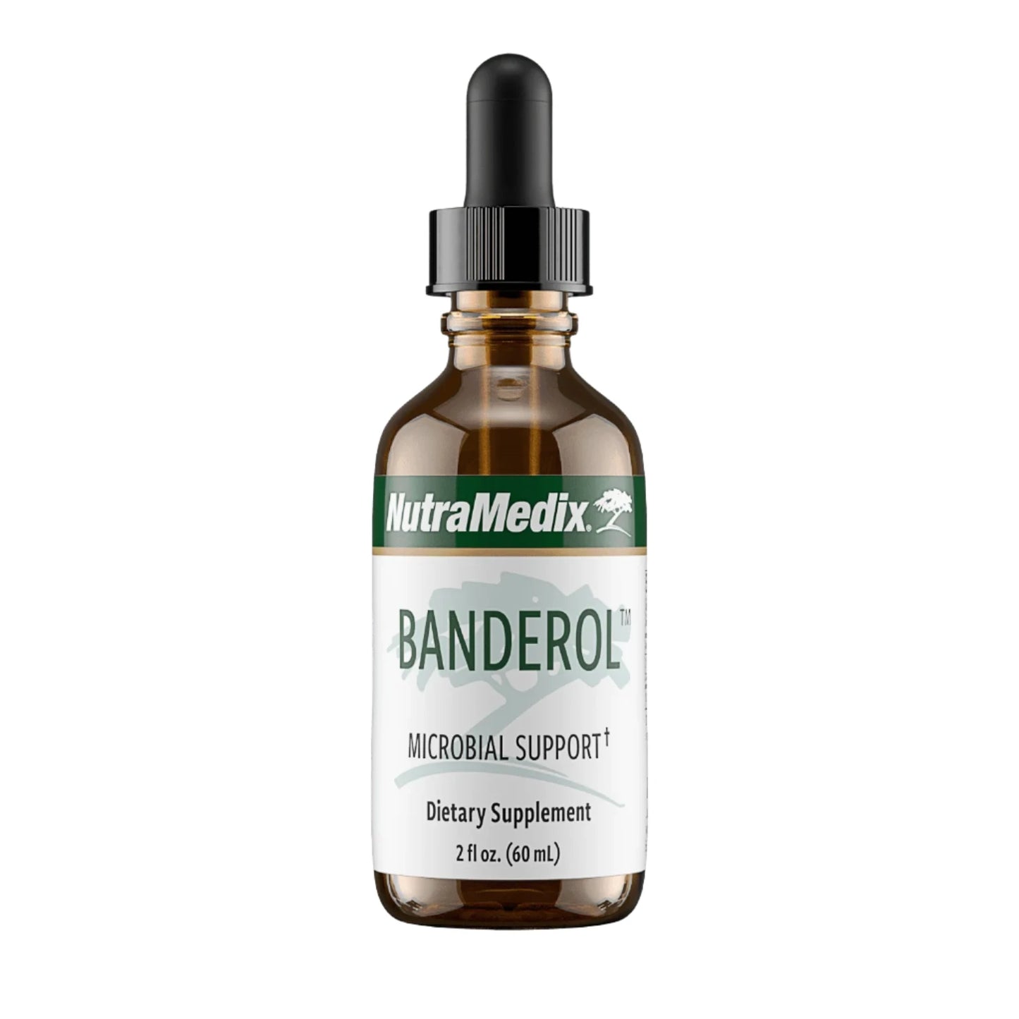 A bottle of Nutramedix Banderol Microbiological Support dietary supplement, 2 fl oz.