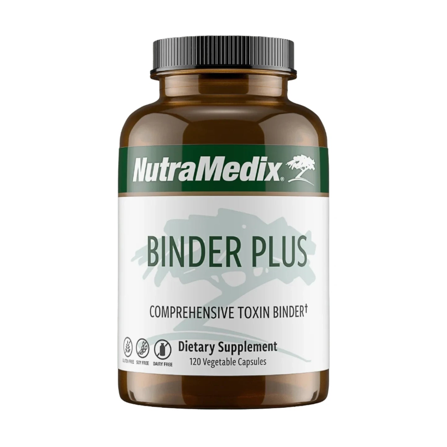 A bottle of NutraMedix Binder Plus dietary supplement with 120 vegetable capsules. The label shows the product name and description as a comprehensive toxin binder.