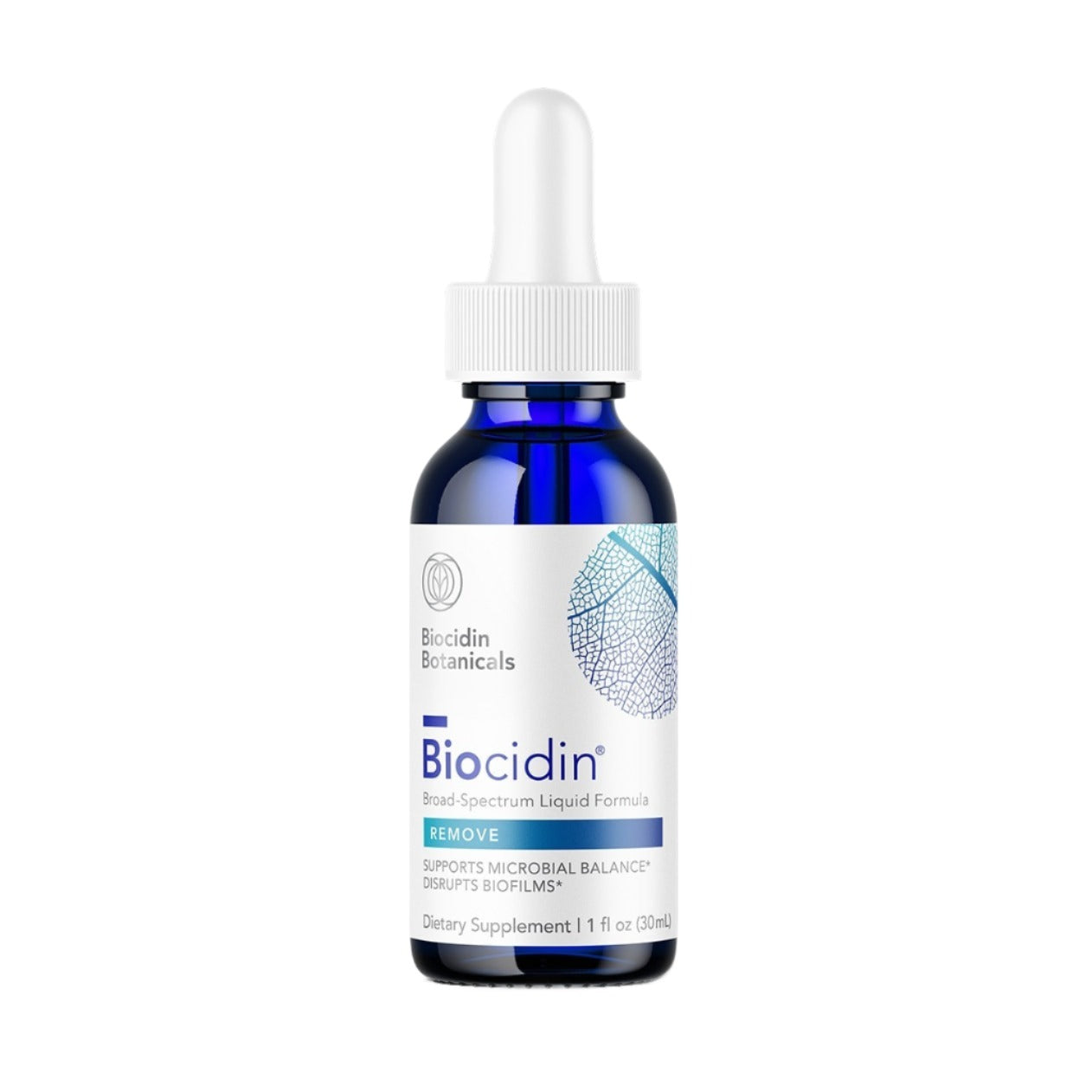 A bottle of Biocidin liquid supplement with a white label and blue text, indicating it is a dietary supplement for gastrointestinal support.