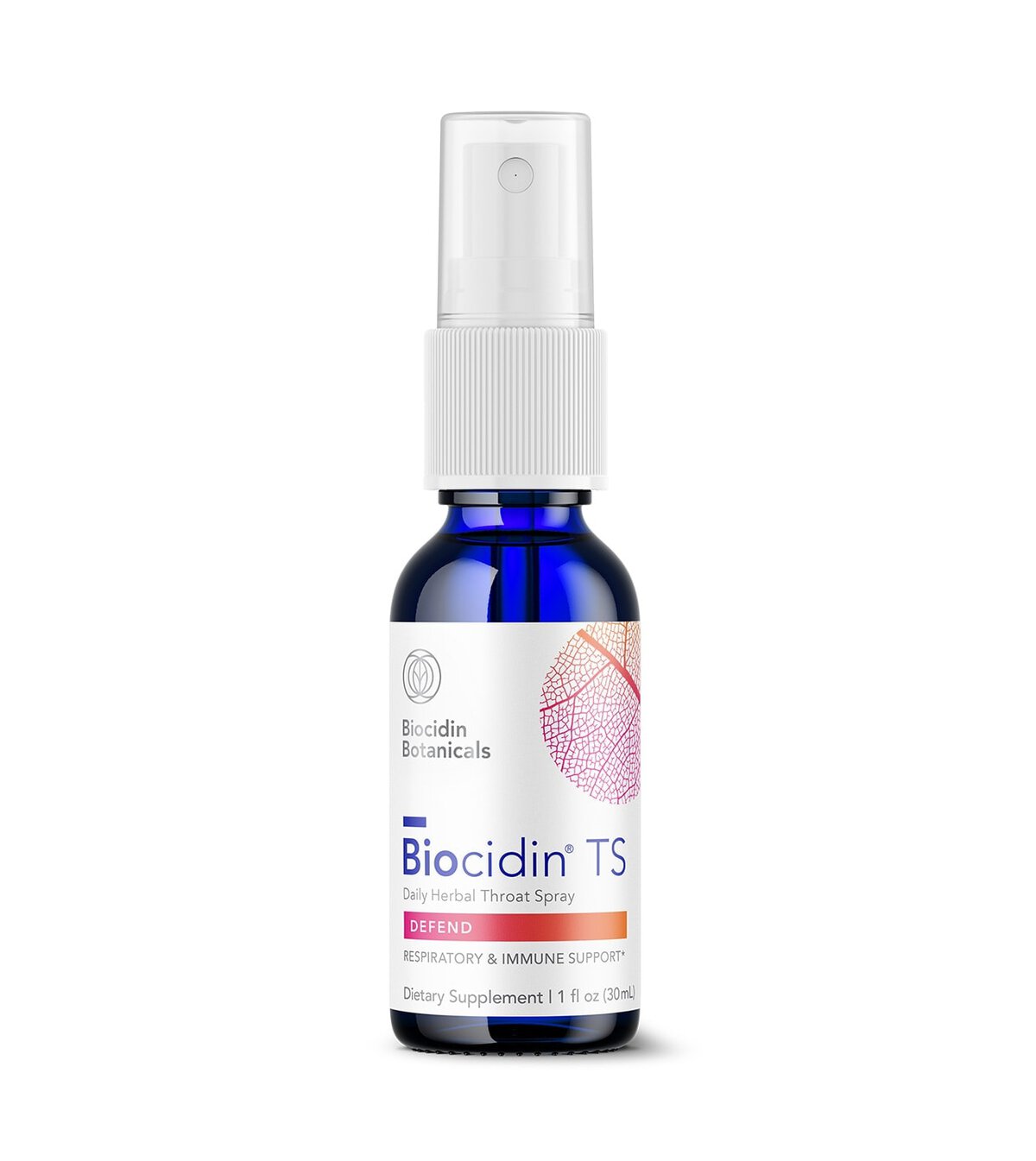 A blue spray bottle labeled Biocidin TS Daily Herbal Throat Spray, with a white spray nozzle and a pink floral design.