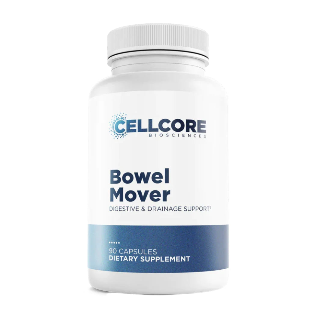 A white bottle with a blue label that reads 'CellCore Biosciences Bowel Mover Digestive & Drainage Support 90 Capsules Dietary Supplement'.