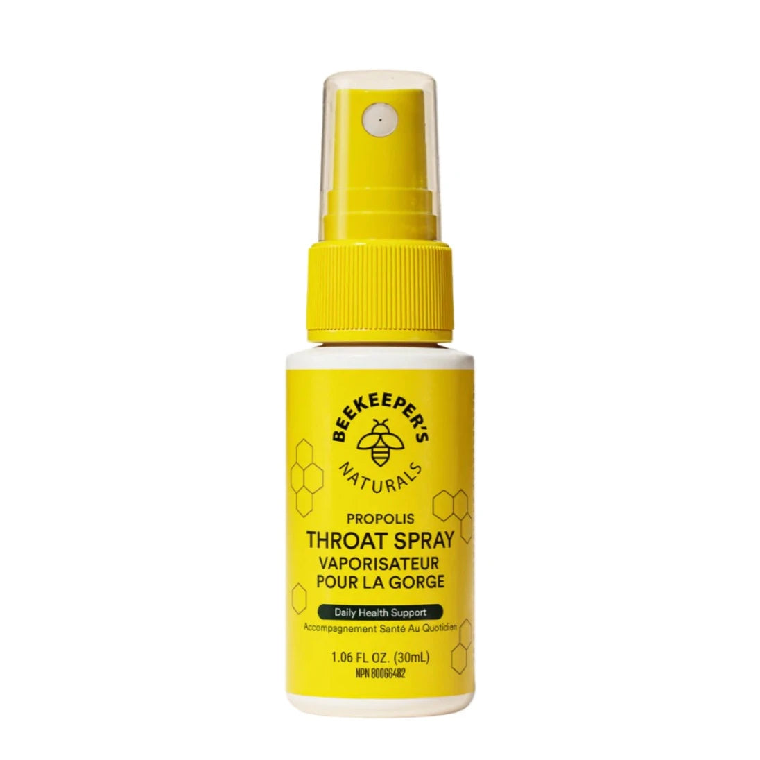 A white spray bottle with a yellow label 'Propolis Throat Spray' by Beekeeper's Naturals on a white background.