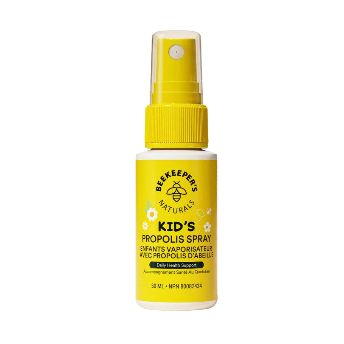 Yellow Propolis Throat Spray bottle with a white spray nozzle, labeled as 'Kid's Propolis Spray' by Beekeepers Naturals.