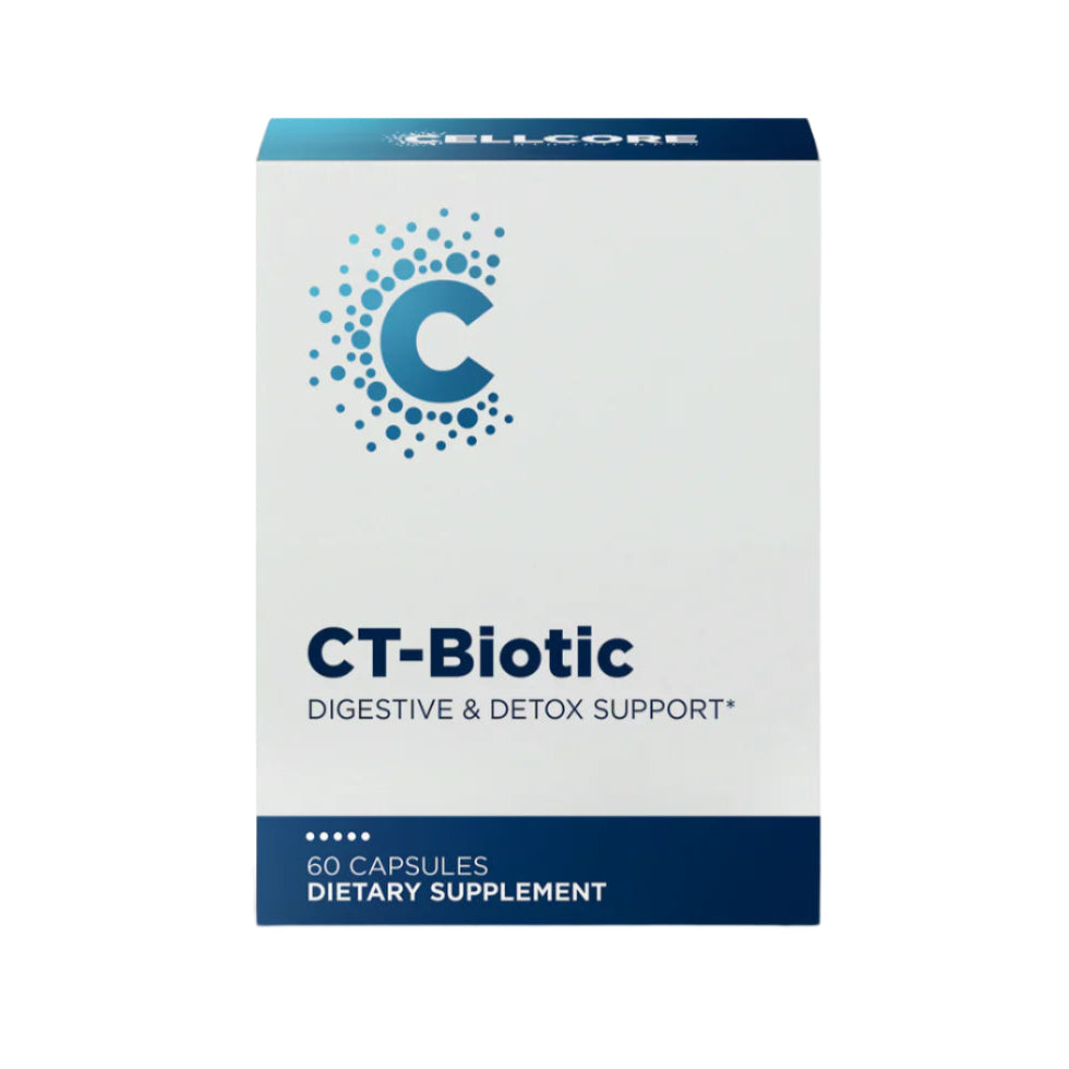 A box of CT-Biotic dietary supplement by Cellcore with 60 capsules, labeled for digestive and detox support.