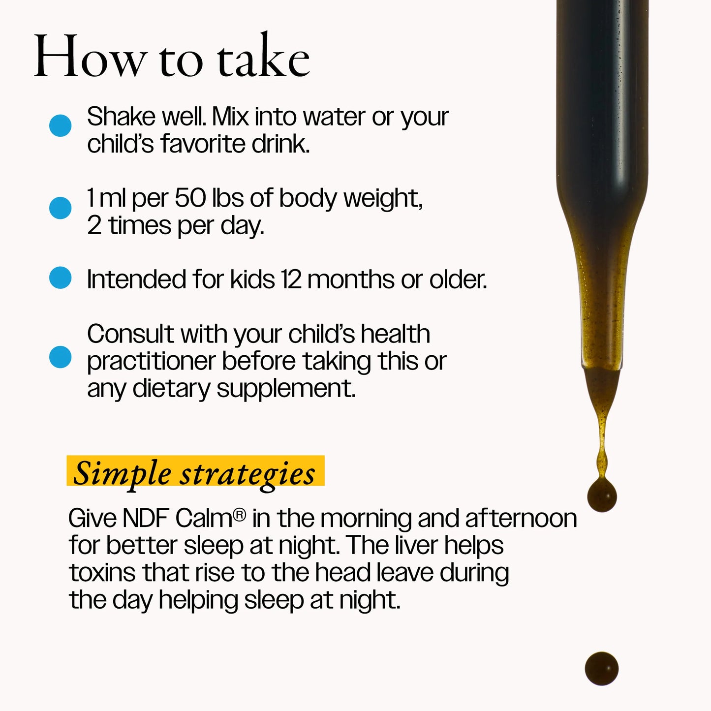 Instructions for taking a supplement with an dropper and liquid drop on a white background