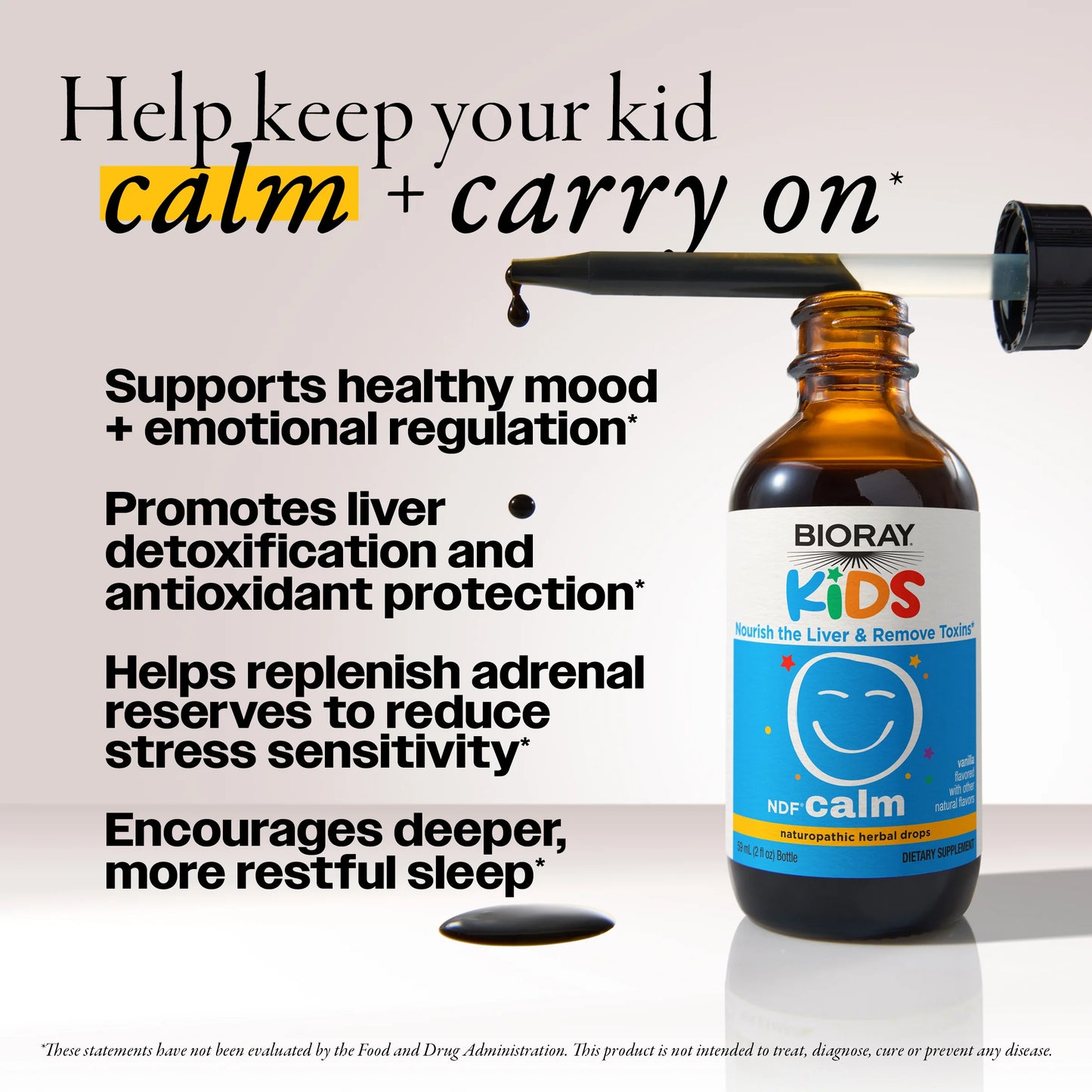 Bioray Kids NDF Calm supplement bottle with text on a light gray background