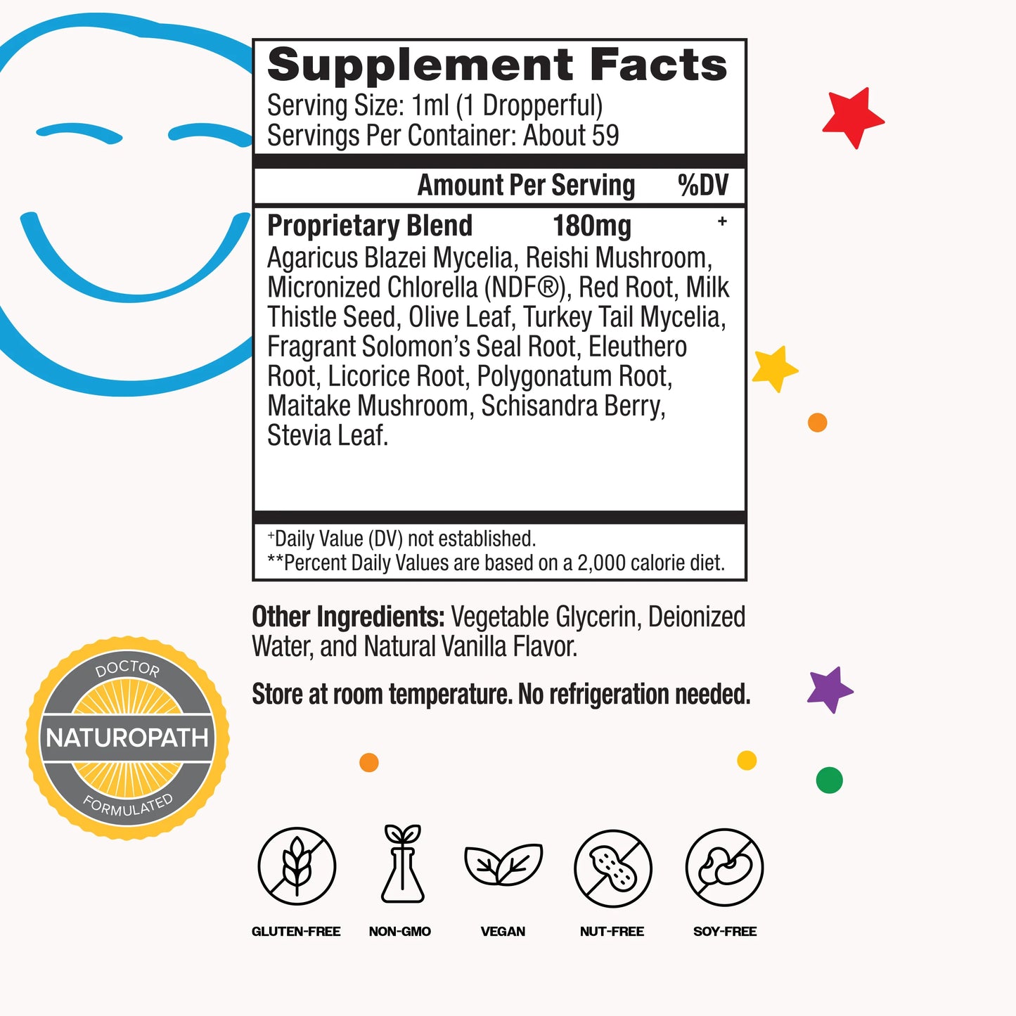 Supplement facts label with colorful elements on a white background
