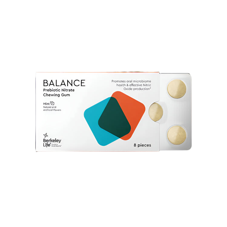 Balance prebiotic nitrate chewing gum packaging on a white background