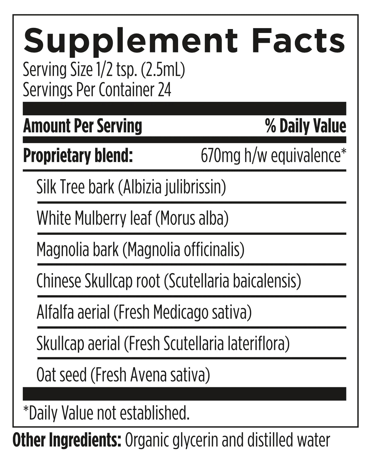 Supplement facts label with herbal ingredients and serving size details