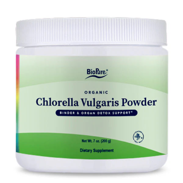 A container of Biopure Organic Chlorella Vulgaris Powder, with a label indicating it is a dietary supplement and net weight 200 g.