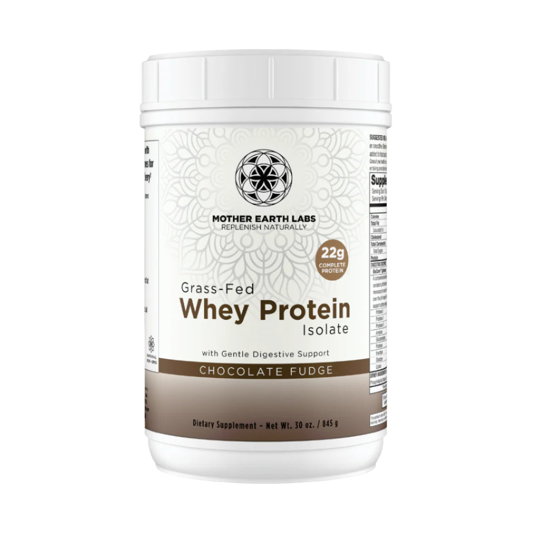 Container of Mother Earth Labs Grass-Fed Whey Protein Isolate on a white background.