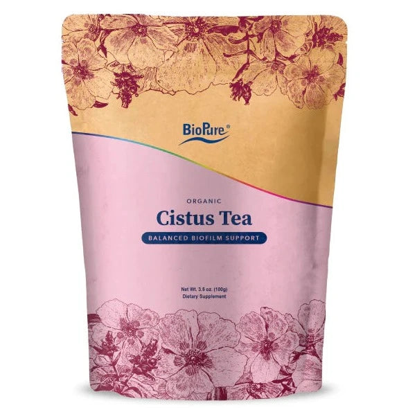 A package of Biopure Cistus Tea with a floral design on the front, indicating it is an organic product.