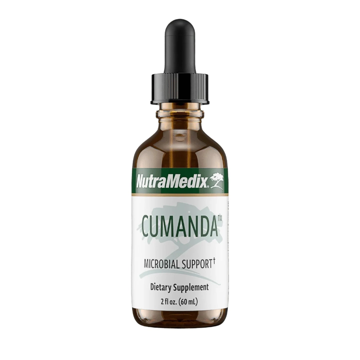 A bottle of Nutramedix Cumanda Microbial Support Dietary Supplement, 2 oz size.
