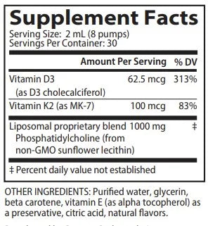 Supplement facts label with vitamins D3 and K2 and other ingredients listed.