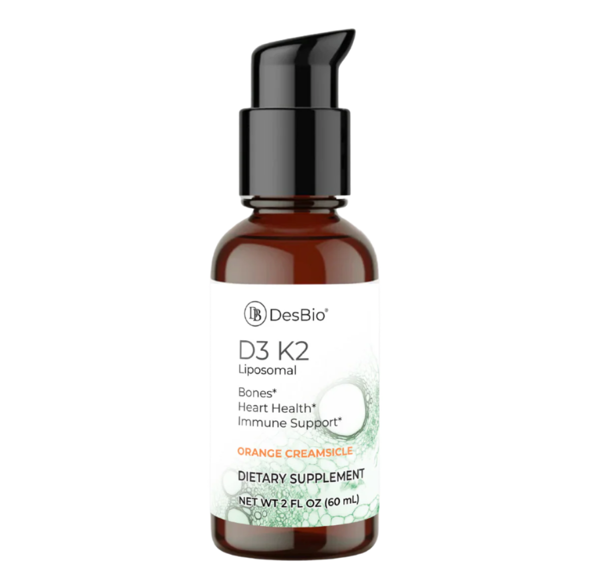 DesBio D3 K2 dietary supplement bottle on a white background