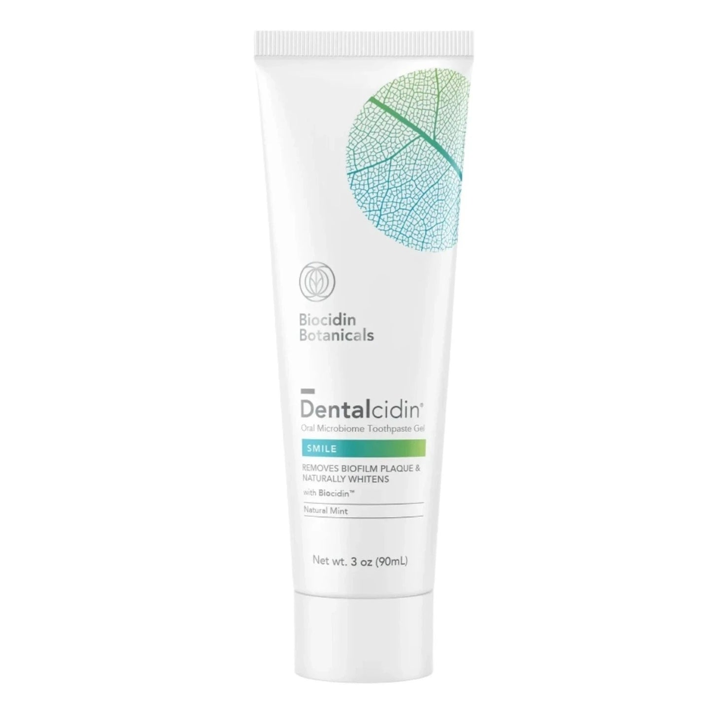 A white toothpaste tube labelled 'Dentalcidin' by Biocidin Botanicals on a white background.