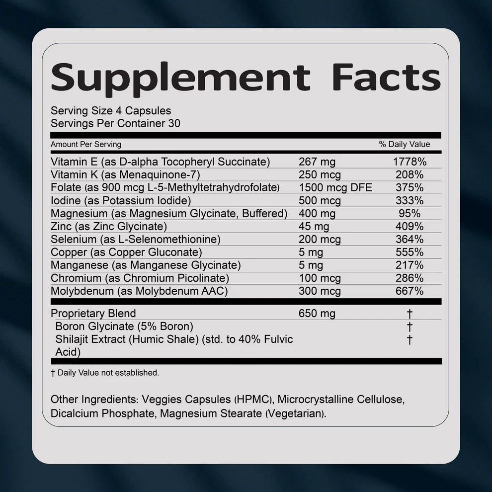 Supplement facts label with detailed nutritional information on a dark background