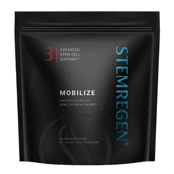 A package of STEMREGEN Mobilize dietary supplement, with advanced stem cell support label, in a black bag with blue and red text.
