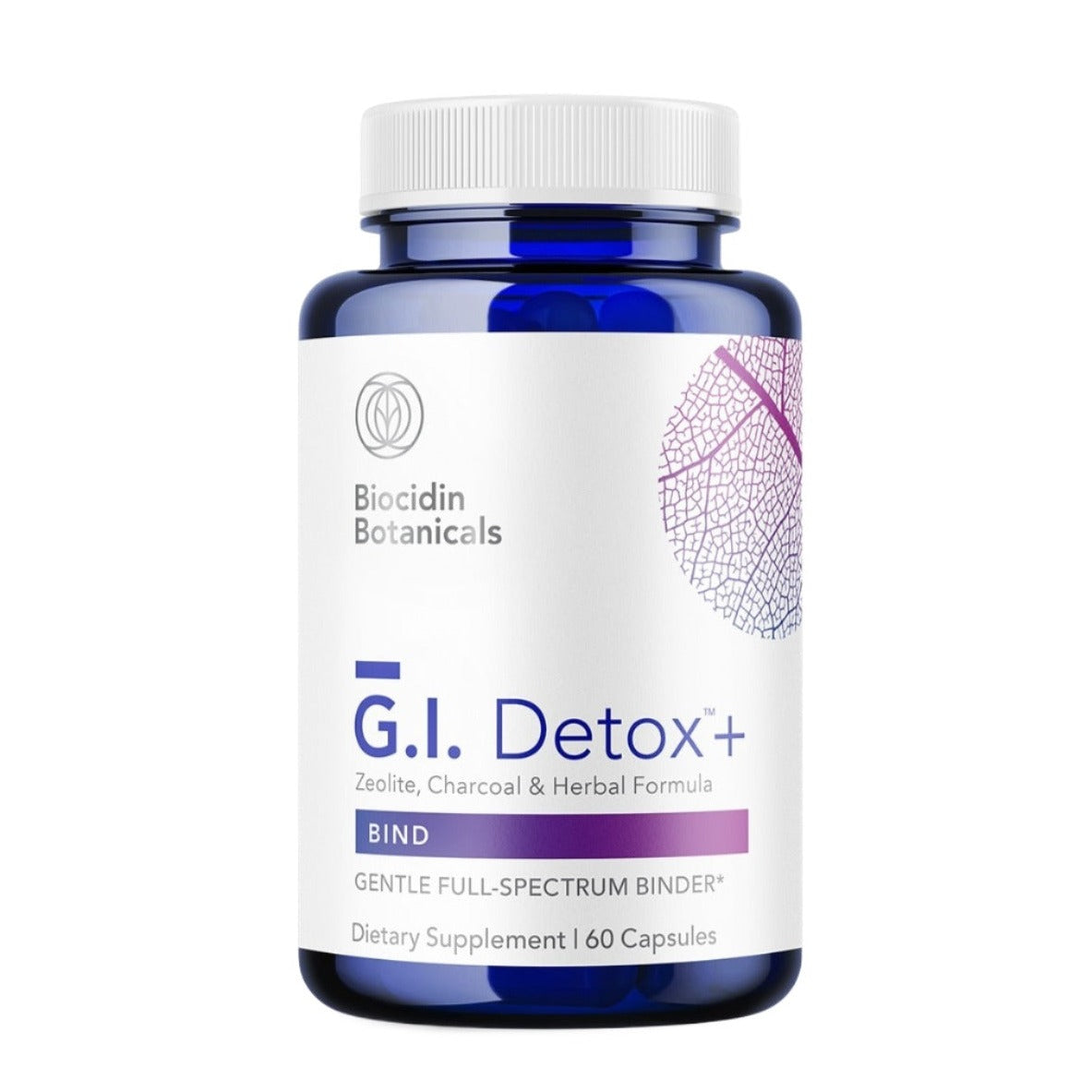 A bottle of G.I. Detox+ supplement by Biocidin Botanicals with a blue label featuring the brand name and product details.