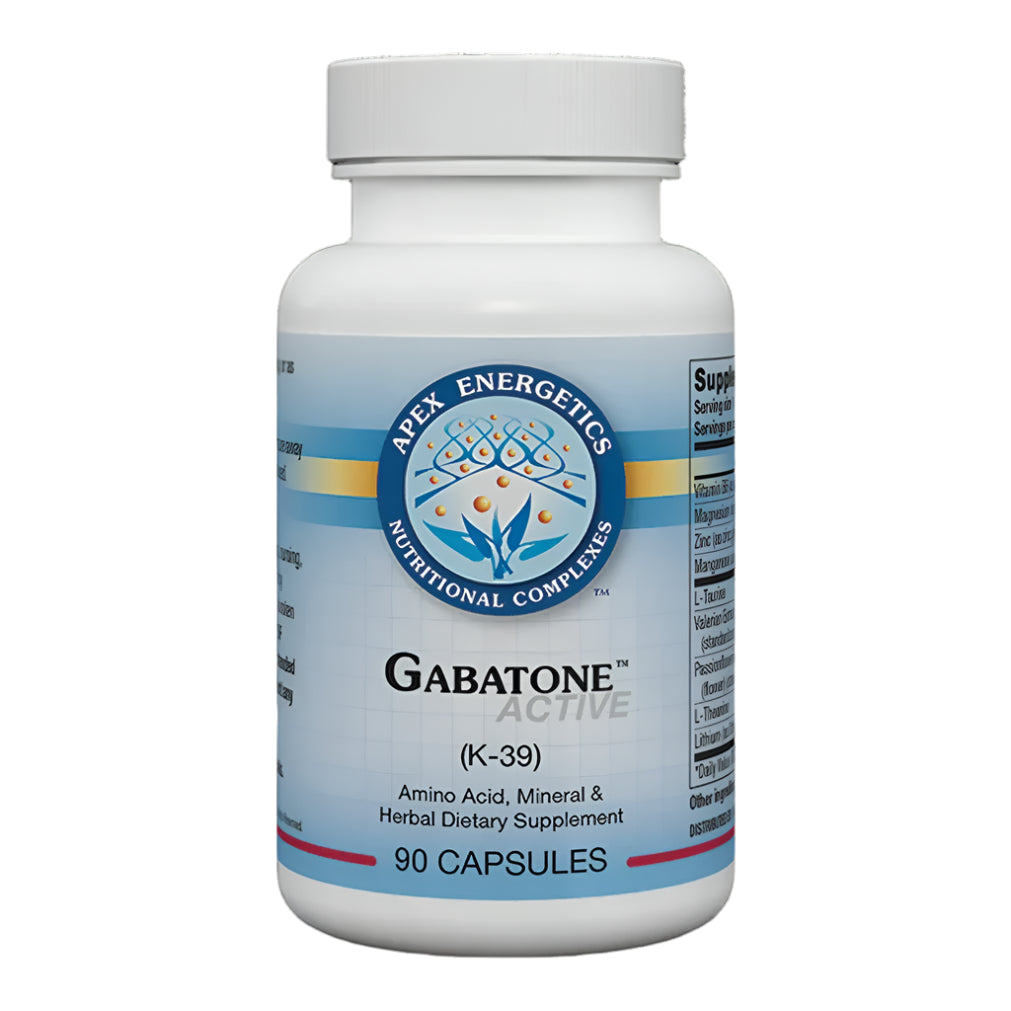 A white bottle with a label that displays 'Gabatone (K-38)', indicating it is a GABAergic system support supplement. The label includes a graphic of a plant and text detailing the product's purpose and ingredients.