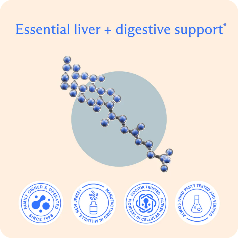 Molecular structure with 'Essential liver + digestive support' text on a beige background