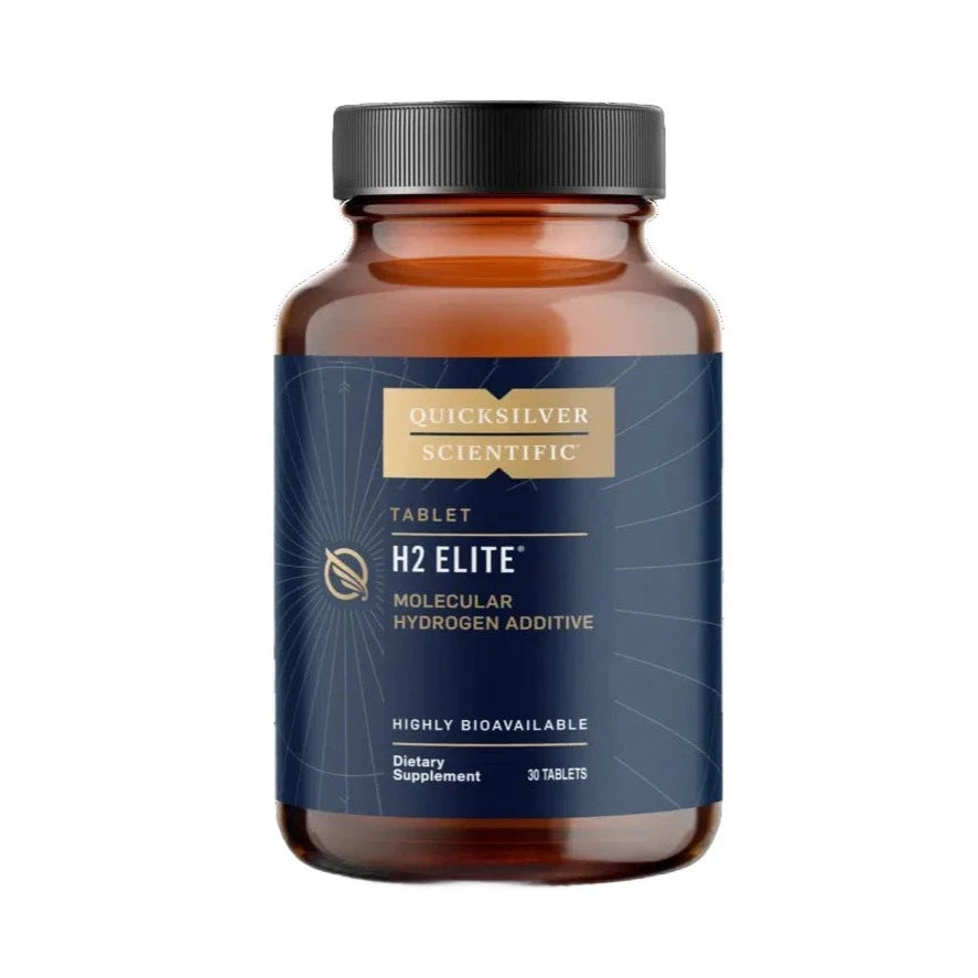 A bottle of Quicksilver Scientific H2 Elite molecular hydrogen additive tablets.